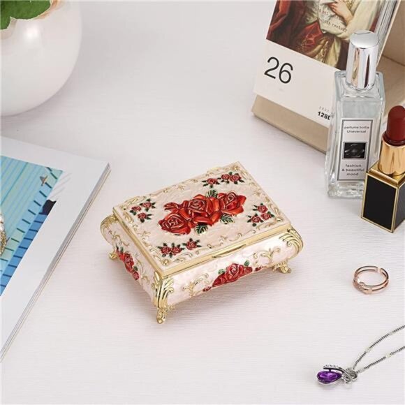 Vintage Metal Jewelry Box Small Treasure Chest Case Trinket Organizer Earrings - Picture 2 of 8